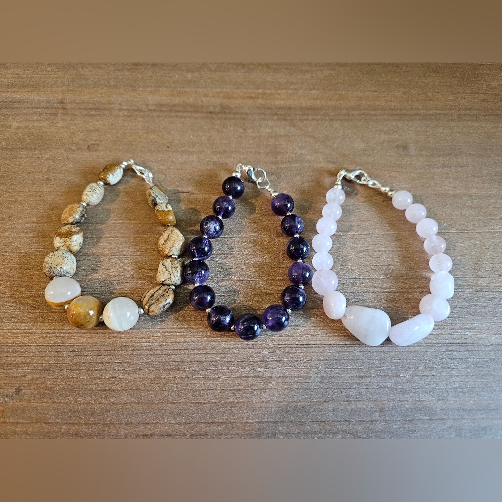 THREE FOR 1 PRICE Chic Gemstone Bracelet Trio - Amethyst, Rose Quartz, Jasper